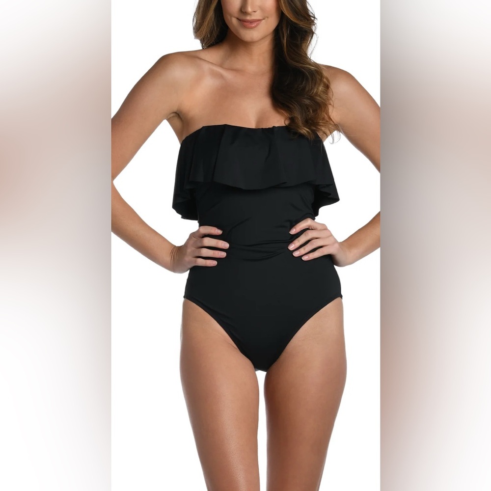 La Blanca Island Goddess Ruffle Bandeau One Piece In Black Size 12 New
